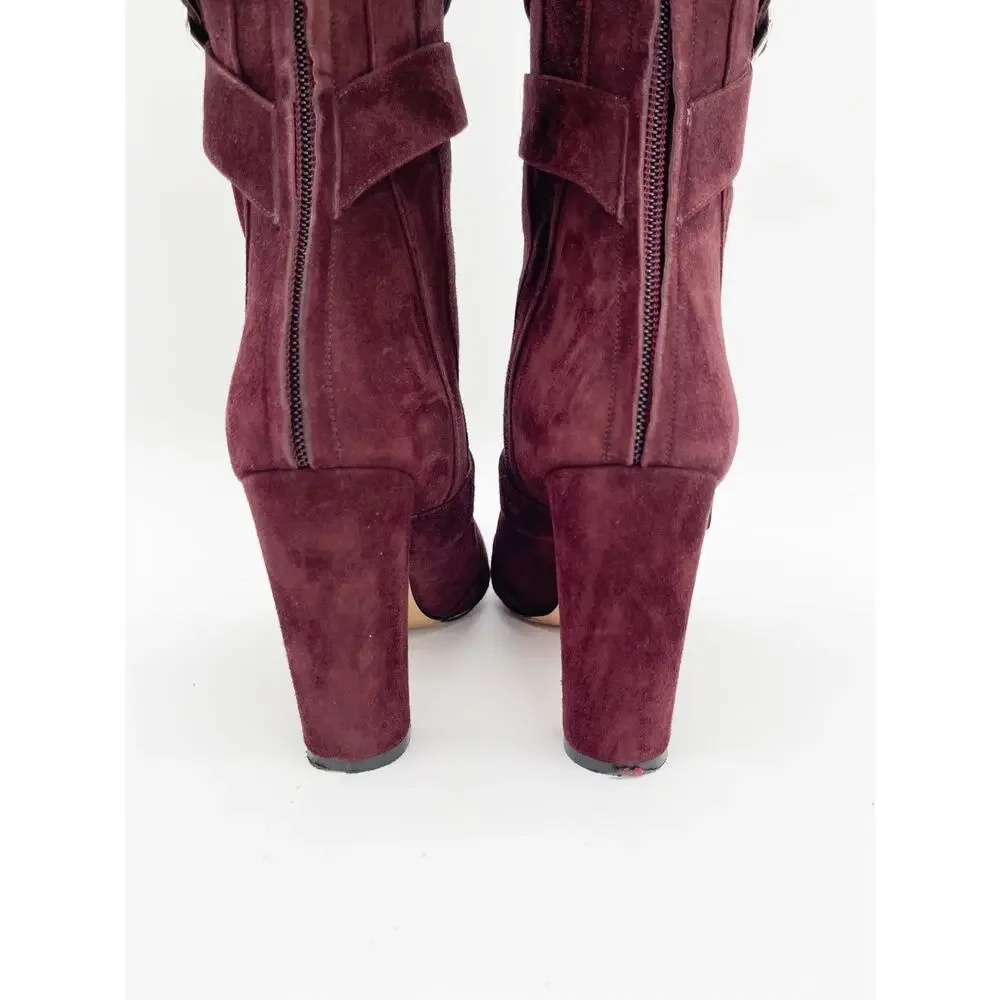 Manolo Blahnik Josimhi Burgundy Suede Buckle Strap Pointed Toe OTK Boots IT 37.5
